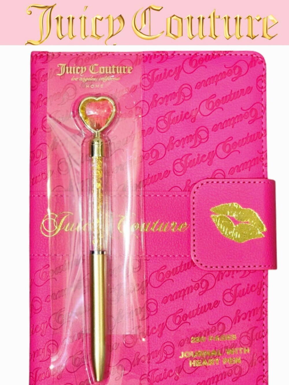 Juicy Couture Home Signature Logo Gold Foil Lips  Embossed Journal w/Heart Pen